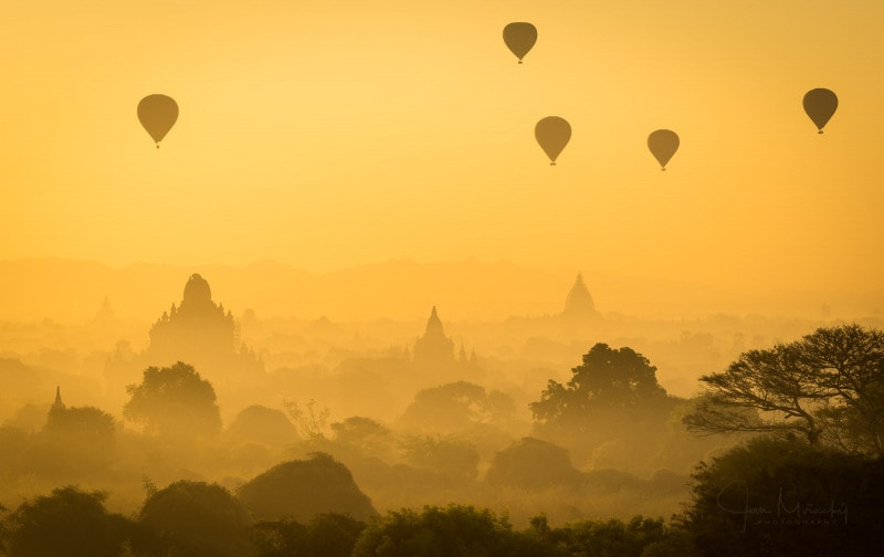 Temples of Bagan during misty sunrise