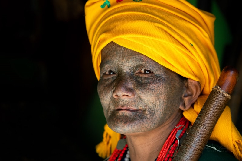Face-tattooed woman in Chin State, Myanmar