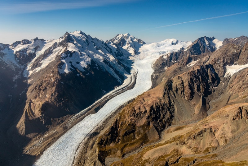 Aerial view of Tasman Glacier and mountain ranges